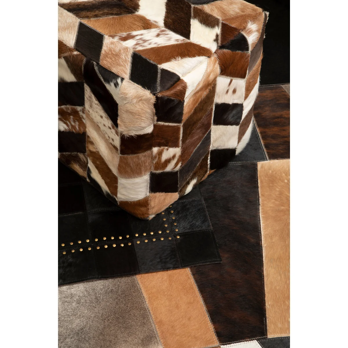 Bosie Safira Large Black Hair on Leather Patchwork Rug With Gold Studs - Black – image 3