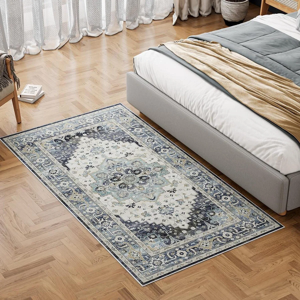 Washable Rug Door Mat Navy Blue Vintage Short Pile Non-Slip Rug - Navy Blue / 150cm