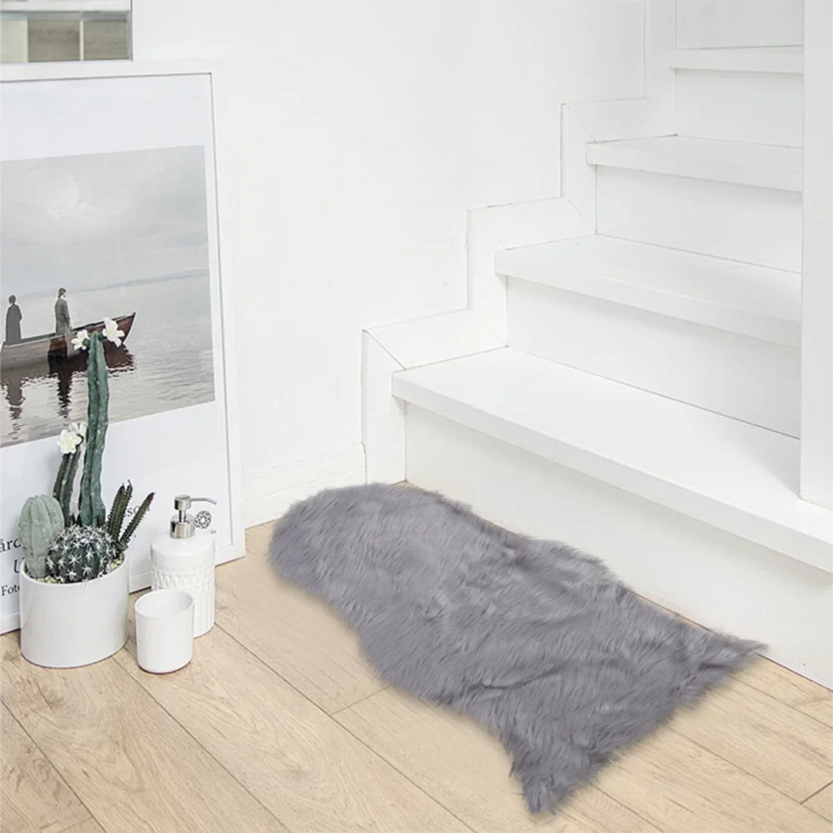 Large Faux Fur Sheepskin Rug Grey Fluffy Hairy Mat Soft - Grey – image 4