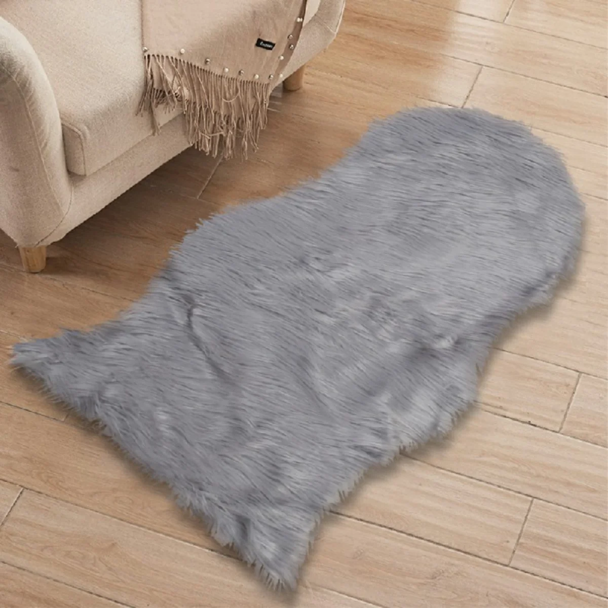 Large Faux Fur Sheepskin Rug Grey Fluffy Hairy Mat Soft - Grey – image 6
