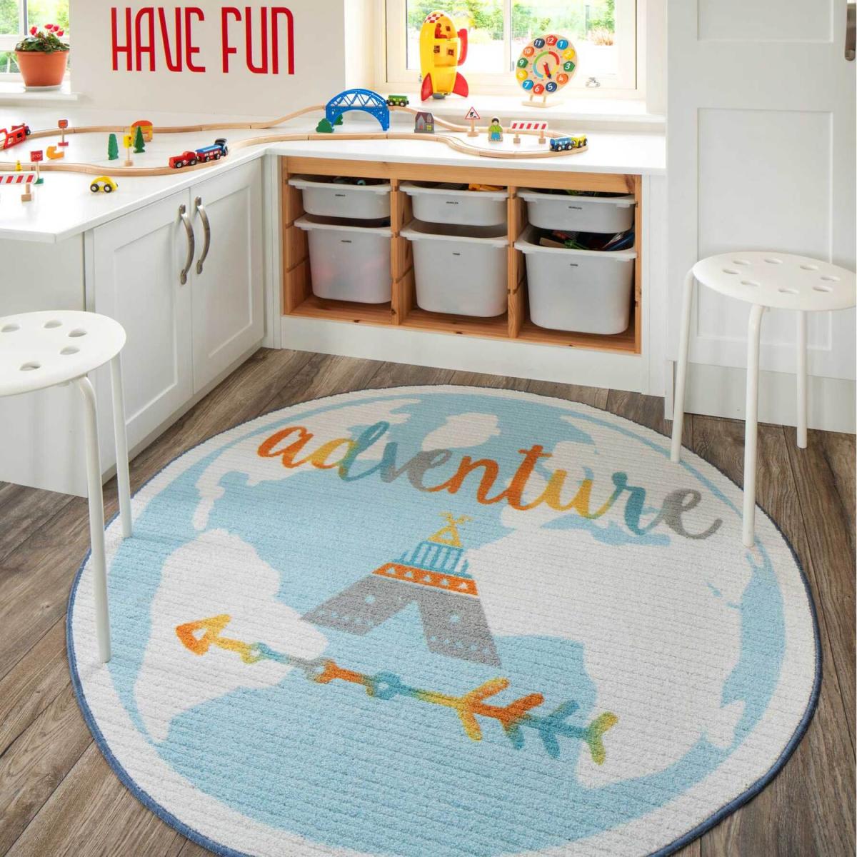 Blue Round Adventure Kids Play Mat Soft Non Slip Washable Bedroom Rug - Baby Blue – image 1