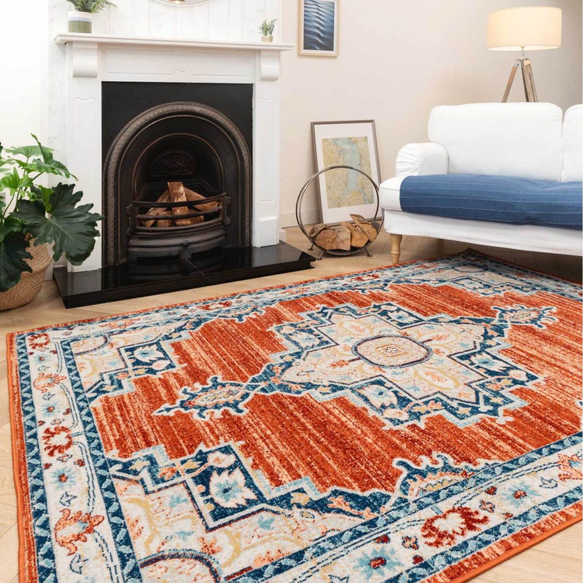Orange Terra Navy Traditional Medallion Low Pile Soft Living Area Rug - Terracotta / 150cm – image 1