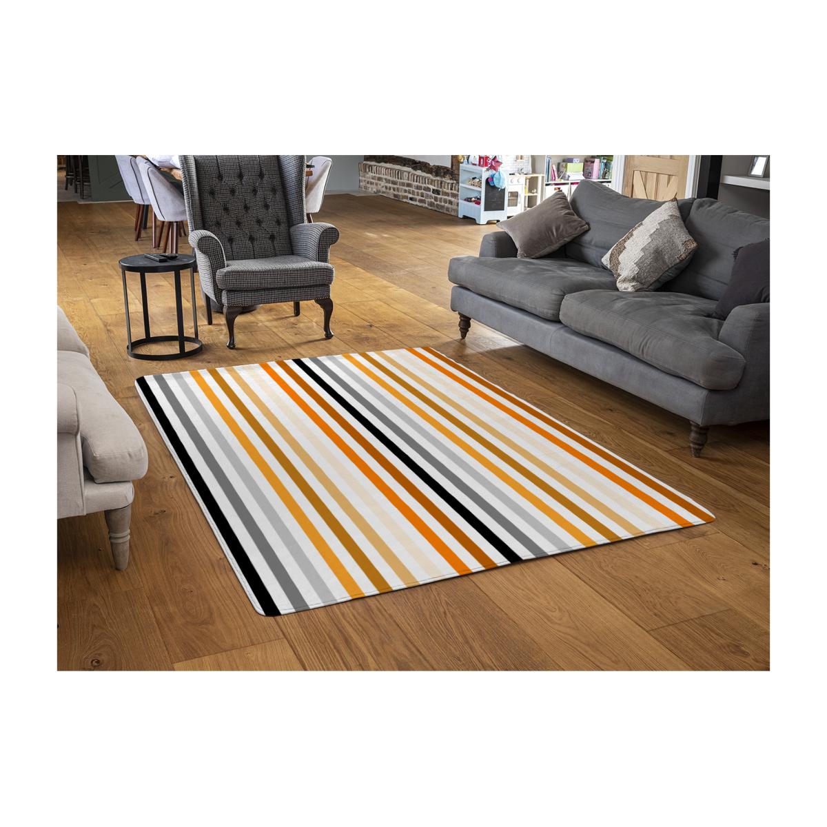 Striped Pattern, Orange Black Gray Beige And Brown Designer Rug - Orange / 110cm – image 1
