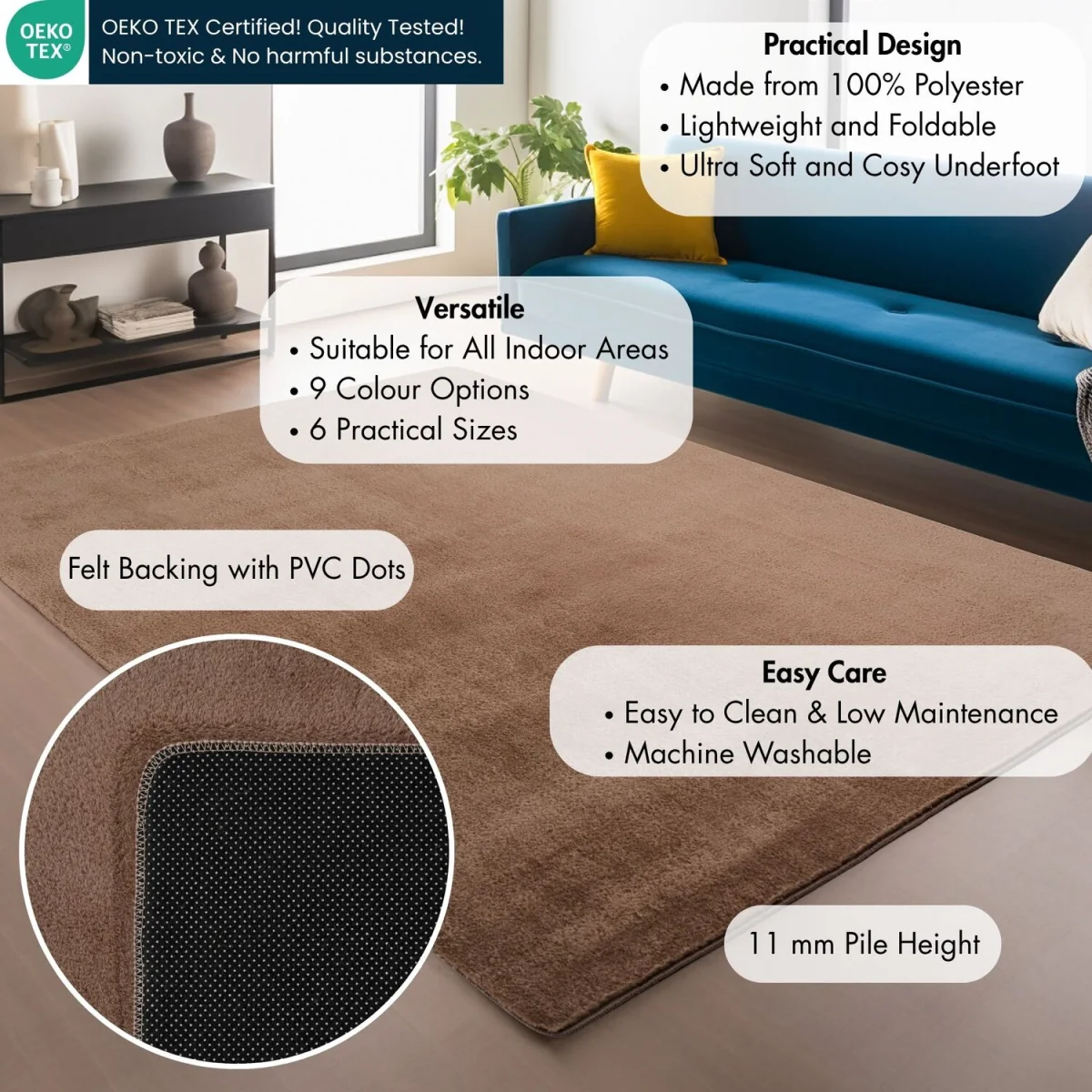 Snuggly Washable Low Pile Living Room Area Rug - Anti-Slip Felt Backing - Mocha / 120cm / 160cm – image 4