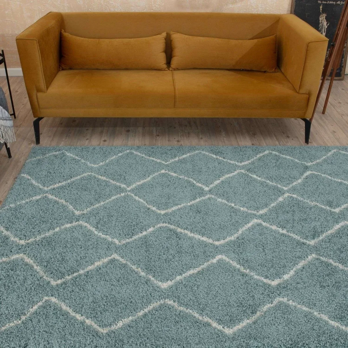 The Rugs Moroccan Diamond Trellis Design Shaggy Rug - Duck Egg Blue / 200cm / 140X200