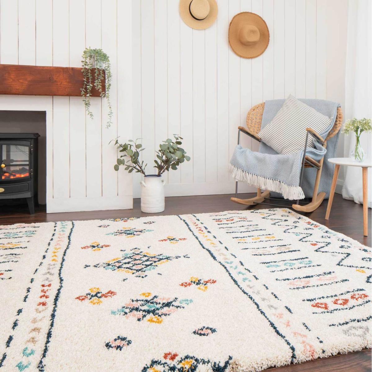 Cream Multicolour Boho Aztec Shaggy Living Area Rug - Multicolour / 170 x 120cm – image 6