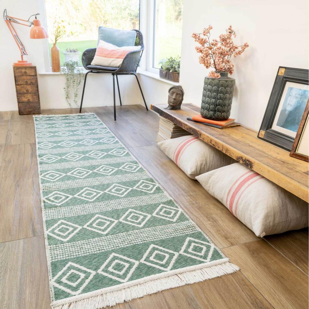 Dark Green Diamond Geometric Recycled Cotton Reversible Fringed Rug - Forest Green / 240 x 60cm – image 1