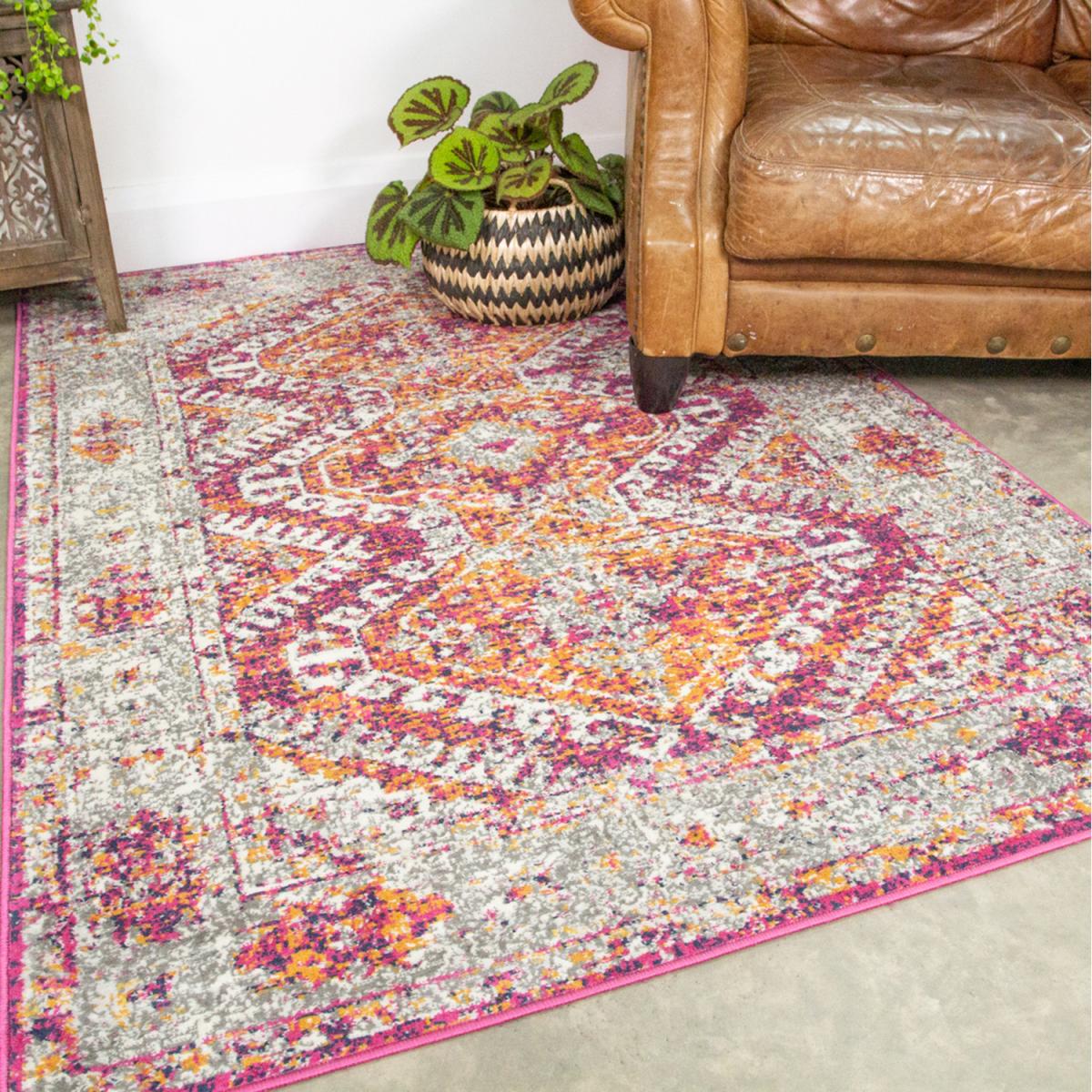 Pink Grey Bordered Geometric Distressed Living Area Rug - Fuschia / 170 x 120cm – image 1