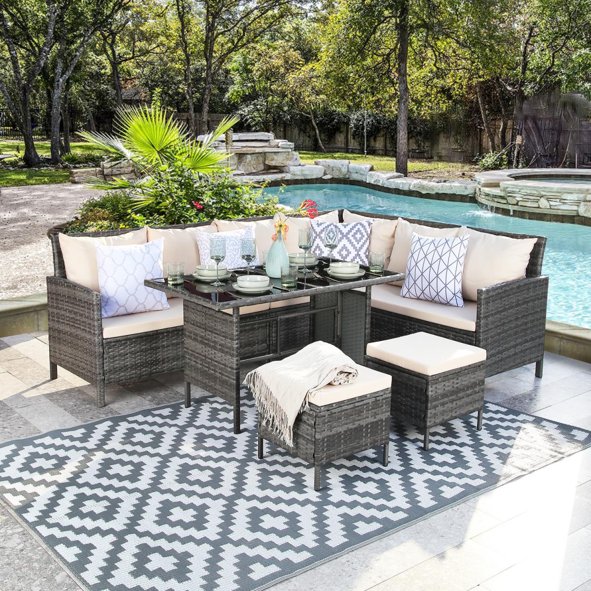 Thalia Rattan Corner Sofa Set with Cushions and Rug - Beige – image 2