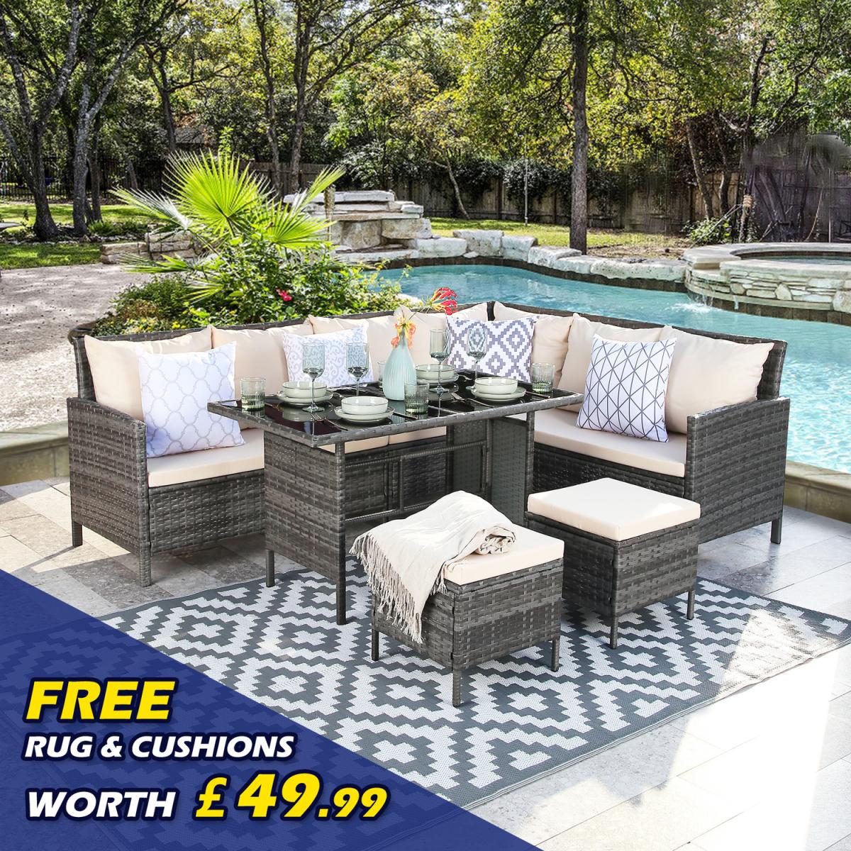 Thalia Rattan Corner Sofa Set with Cushions and Rug - Beige – image 1