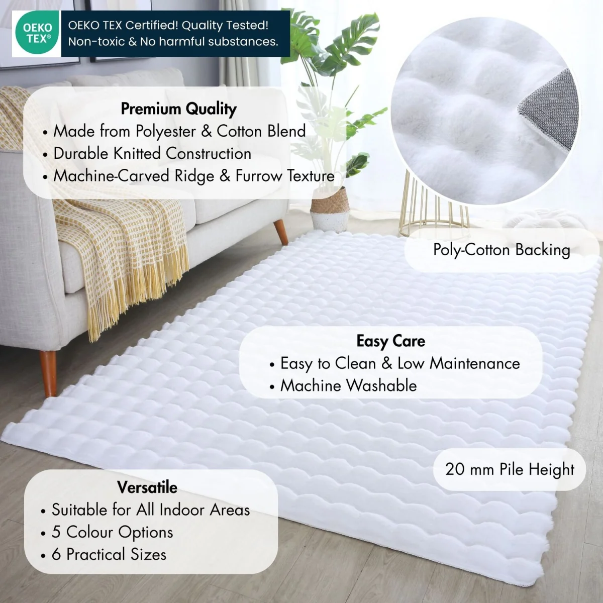 Orbie Washable Low Pile Super Soft Living Room Area Rug Machine Carved Ridge-Furrow Design - Snow White / 200cm / 280cm – image 3