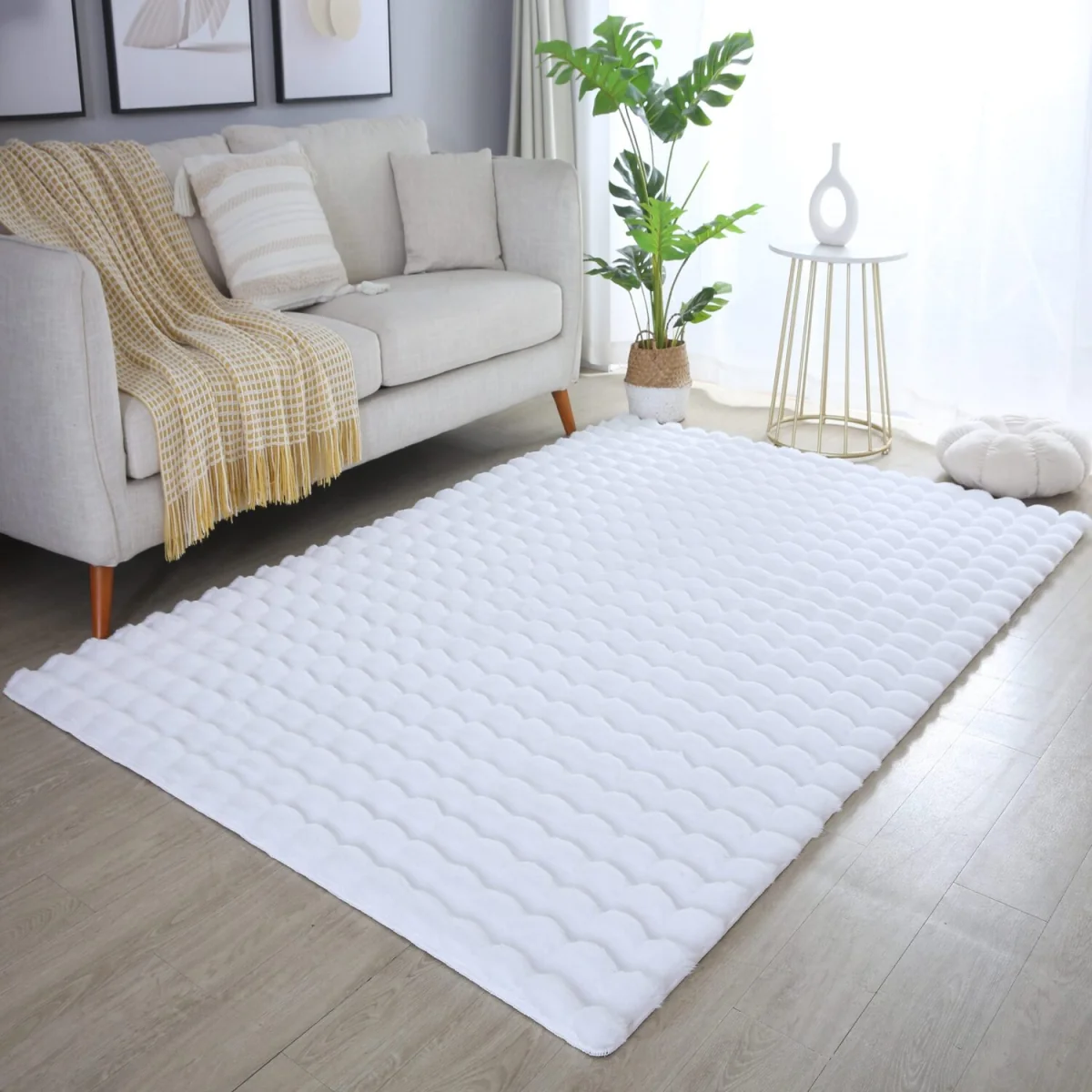 Orbie Washable Low Pile Super Soft Living Room Area Rug Machine Carved Ridge-Furrow Design - Snow White / 200cm / 280cm – image 7