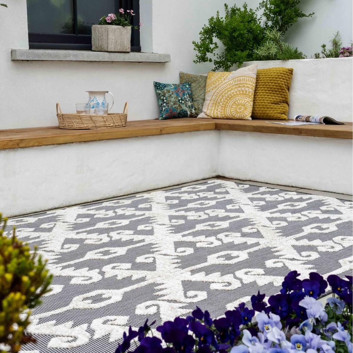 Grey Beige Textured Floral Trellis Weatherproof Durable Indoor Outdoor Area Rug - Anthracite / 290 x 200cm – image 2