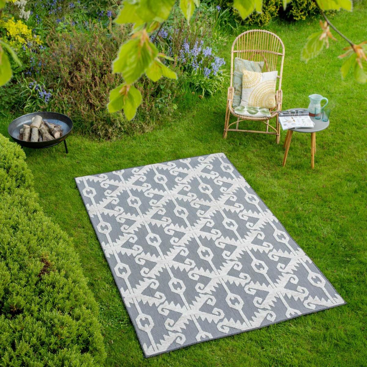 Grey Beige Textured Floral Trellis Weatherproof Durable Indoor Outdoor Area Rug - Anthracite / 290 x 200cm – image 3