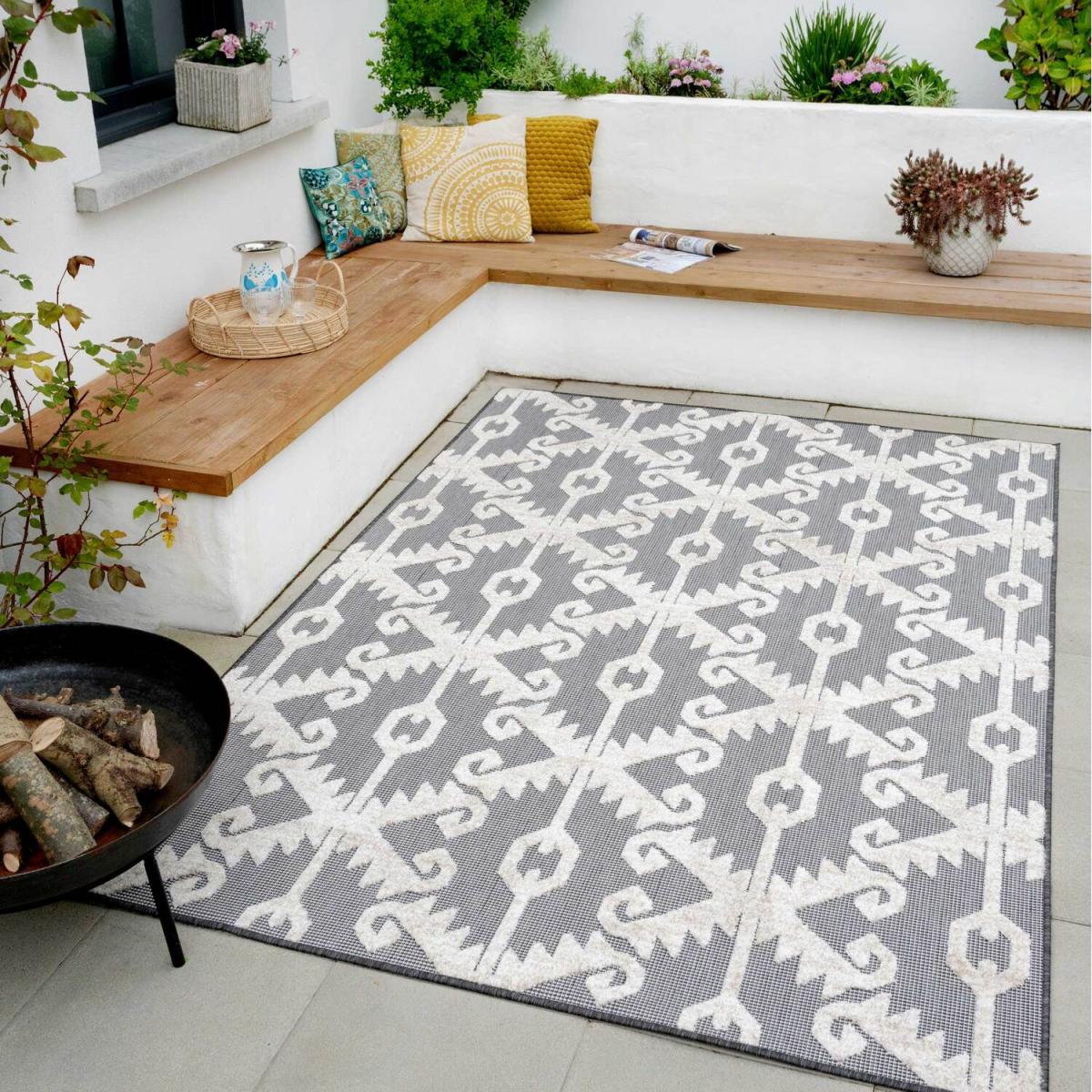 Grey Beige Textured Floral Trellis Weatherproof Durable Indoor Outdoor Area Rug - Anthracite / 290 x 200cm – image 1