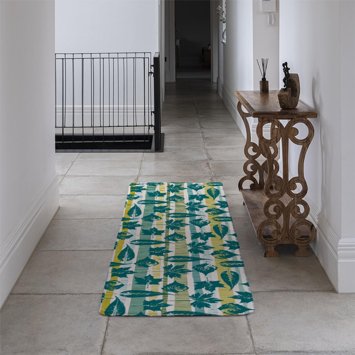 Autumn Seamless Pattern With Leaves On Geometric Background Runner Rug - Green – image 4