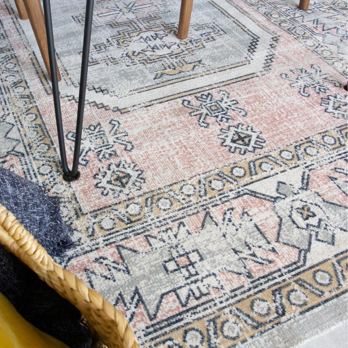 Blush Pink Grey Vintage Bordered Zero Pile Distressed Rug - Blush Pink / 170 x 120cm – image 2