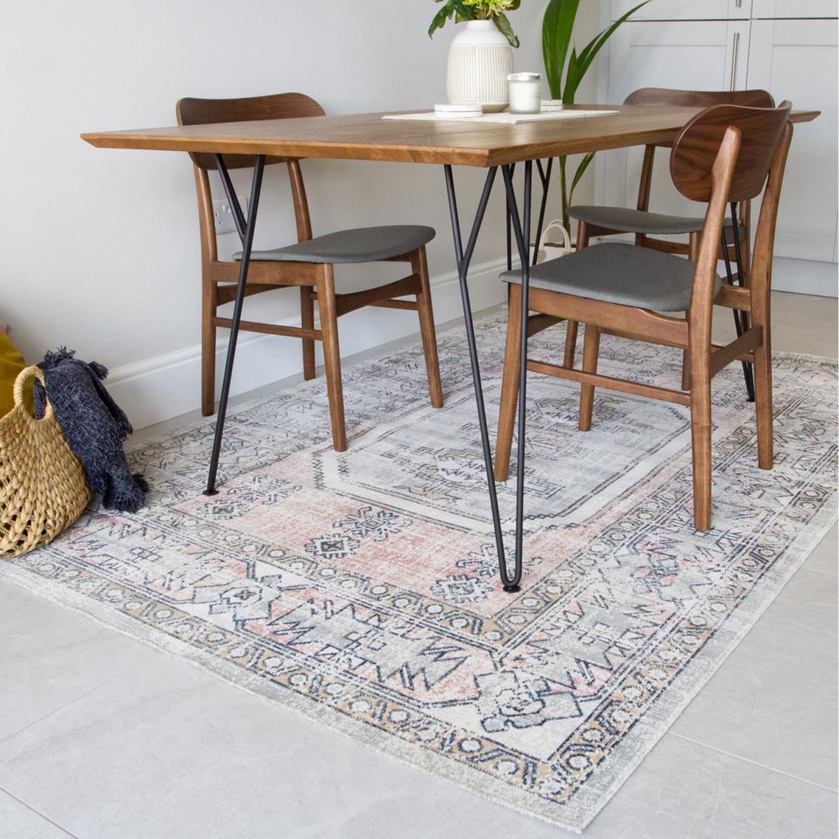 Blush Pink Grey Vintage Bordered Zero Pile Distressed Rug - Blush Pink / 170 x 120cm – image 5