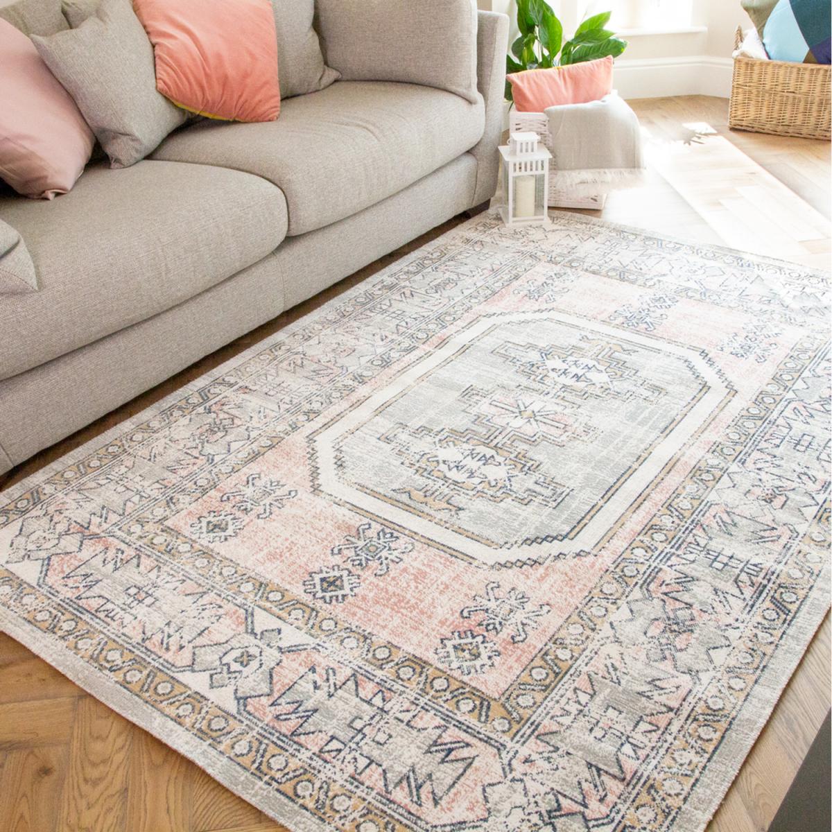 Blush Pink Grey Vintage Bordered Zero Pile Distressed Rug - Blush Pink / 170 x 120cm – image 1