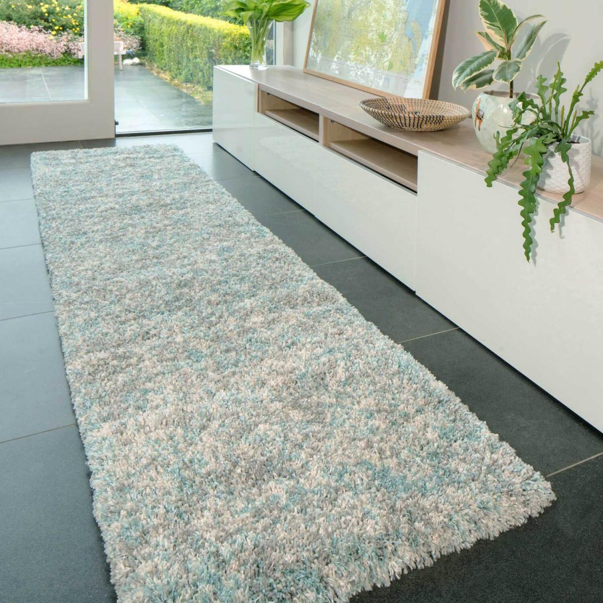 Duck Egg Blue Grey Mottled Shaggy Area Rug - Duck Egg / 240 x 60cm – image 1