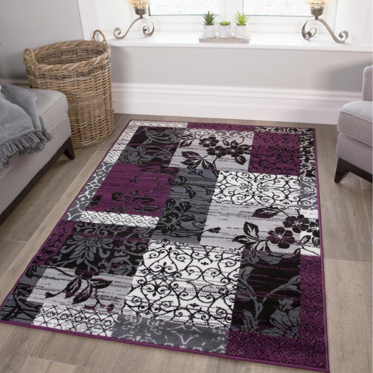 Purple Black Grey Floral Patchwork Living Room Rug - Purple / 330 x 240cm – image 2