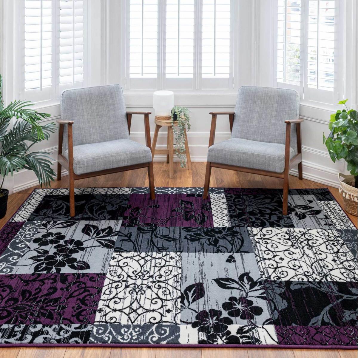 Purple Black Grey Floral Patchwork Living Room Rug - Purple / 330 x 240cm – image 5