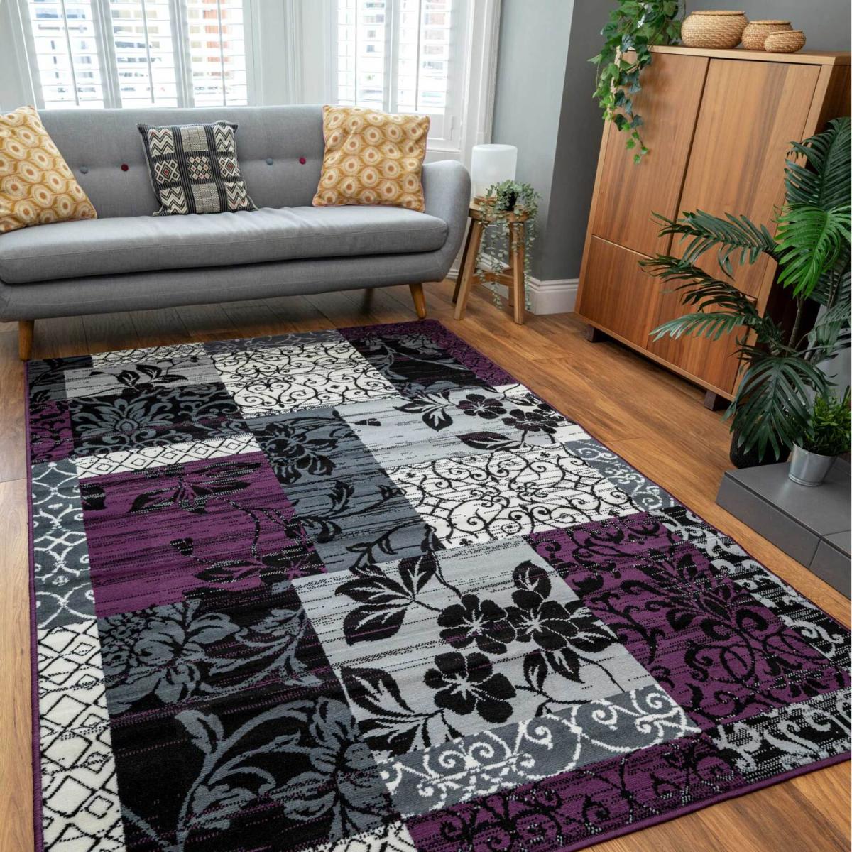 Purple Black Grey Floral Patchwork Living Room Rug - Purple / 330 x 240cm – image 1