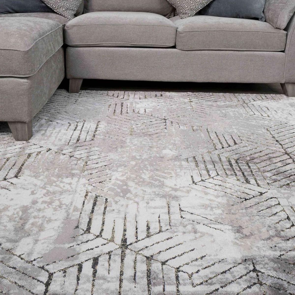 Distressed Gold and Grey Geometric Living Room Rug - Attica - Yellow / 4kg