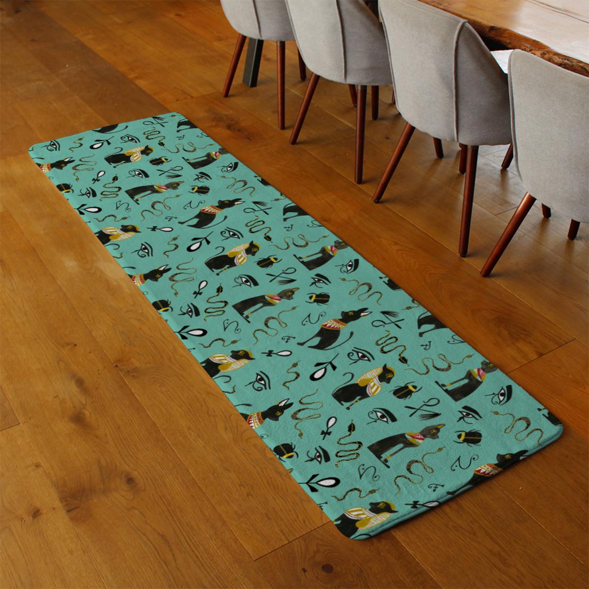 Hand Painting Abstract Ancient Egypt Horus Eye Signs Runner Rug - Green – image 3