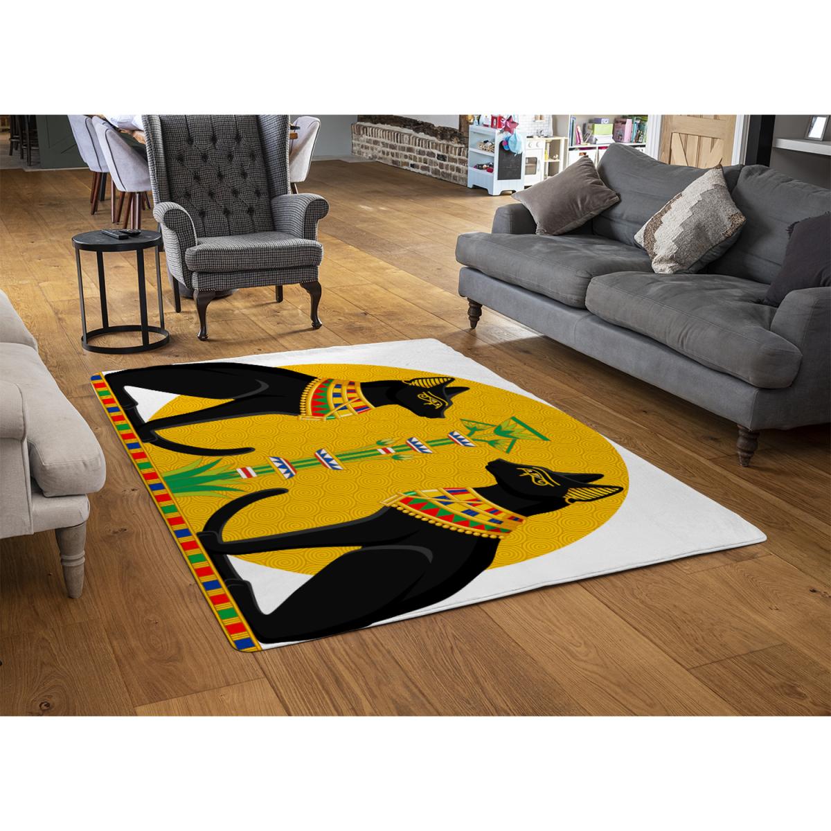 Illustration Of Black Egyptian Cats With Papyrus Rug - Orange / 230cm – image 3