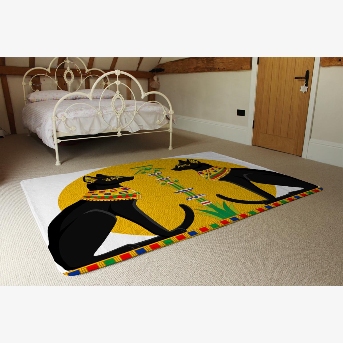 Illustration Of Black Egyptian Cats With Papyrus Rug - Orange / 230cm – image 1