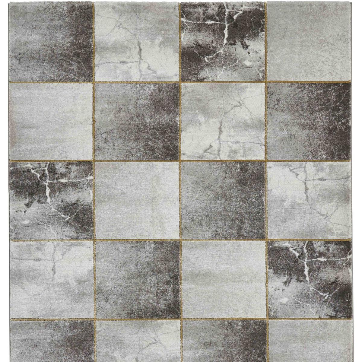Grey and Gold Textured Chequered Area Rug - Grey Gold / 165cm