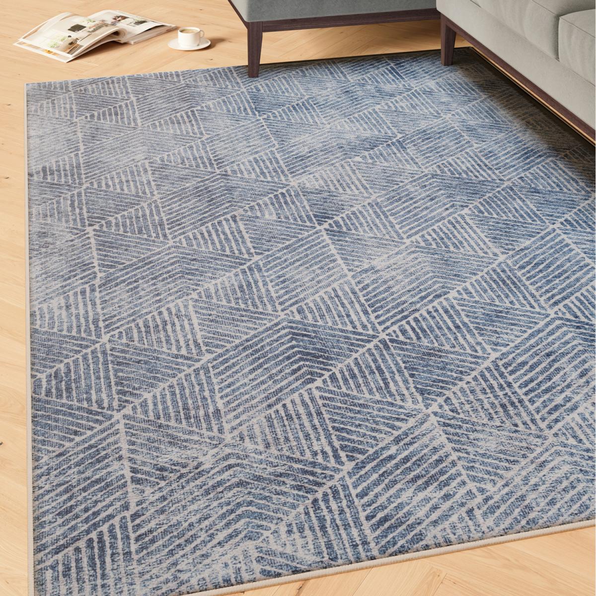 Denim Blue Geometric Washable Area Rug - Denim Blue / 230cm