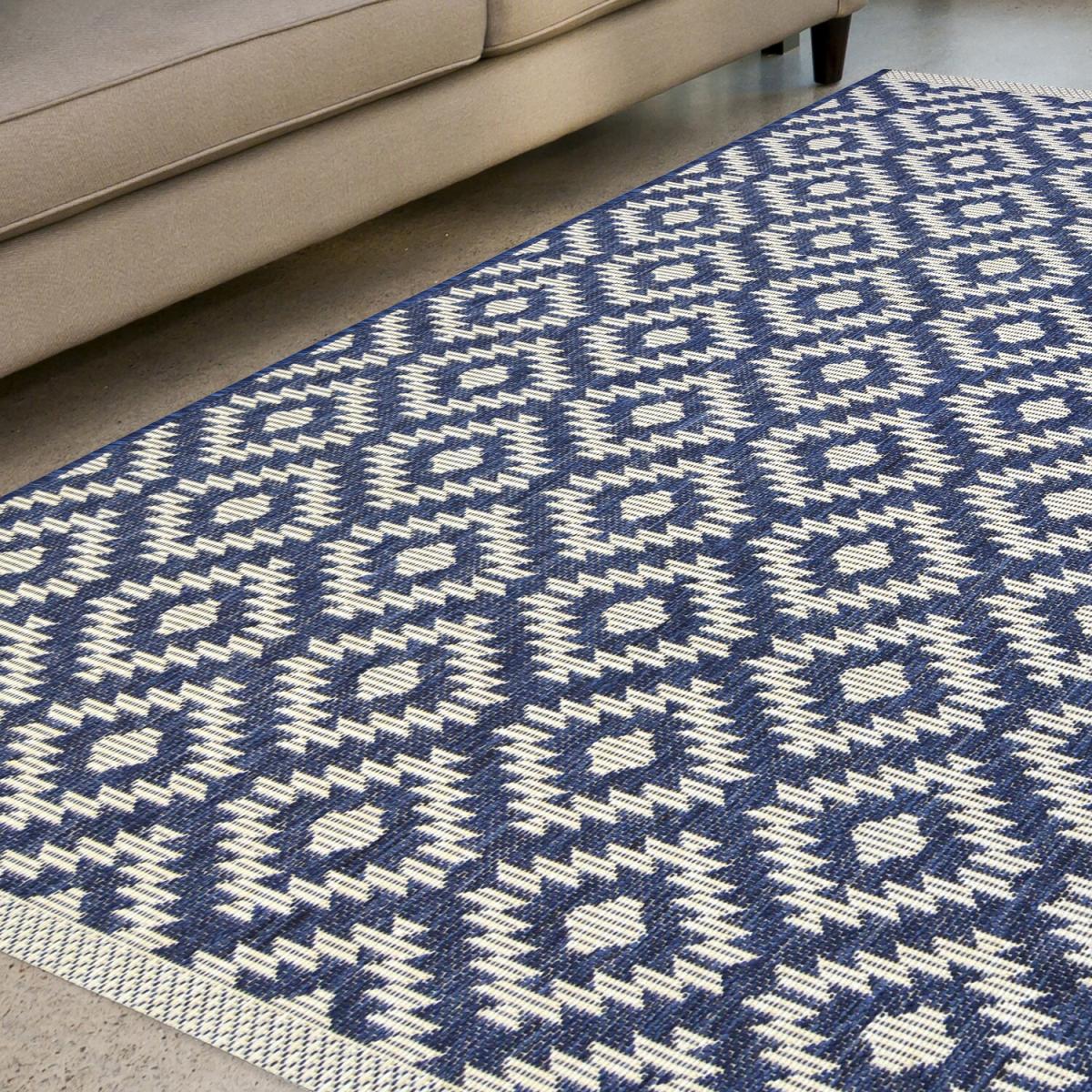 Navy Blue Recyclable Moroccan Weatherproof Outdoor Rug - Compass - Blue