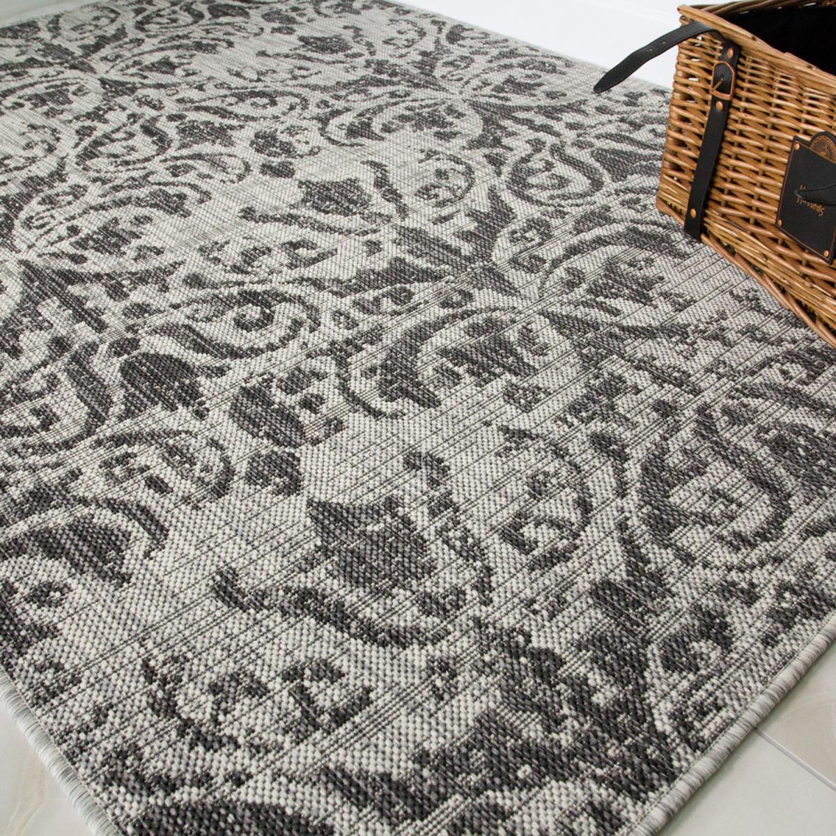 Dark Grey Vintage Floral Flatweave Indoor Outdoor Rug - Graphite / 170 x 120cm – image 2