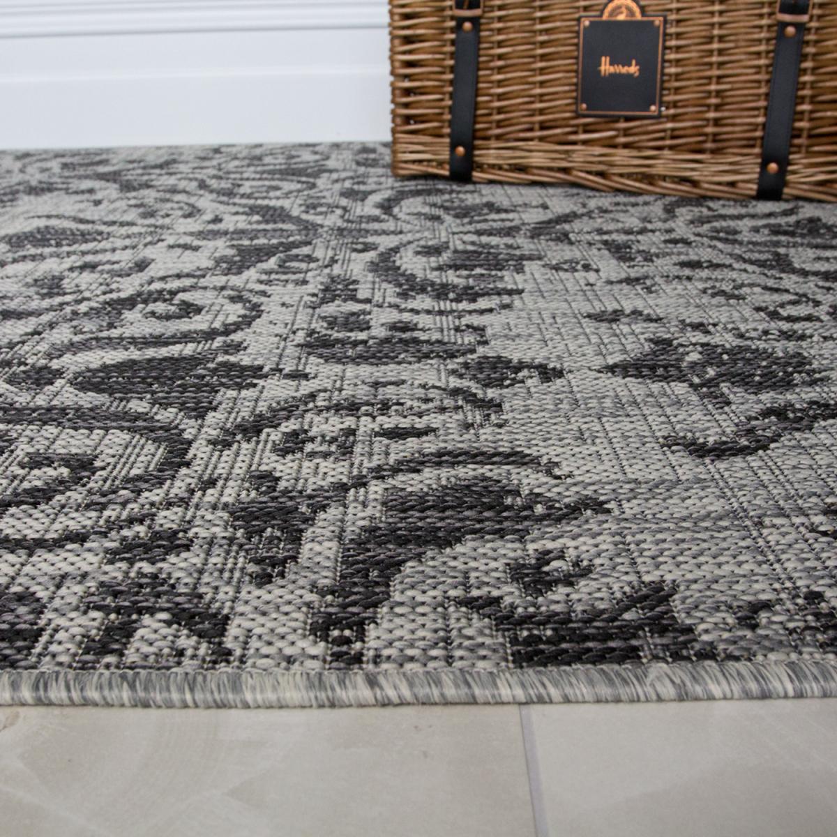Dark Grey Vintage Floral Flatweave Indoor Outdoor Rug - Graphite / 170 x 120cm – image 3