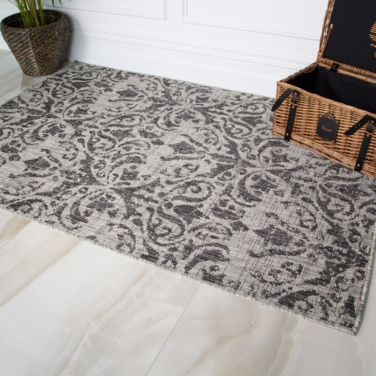 Dark Grey Vintage Floral Flatweave Indoor Outdoor Rug - Graphite / 170 x 120cm – image 4