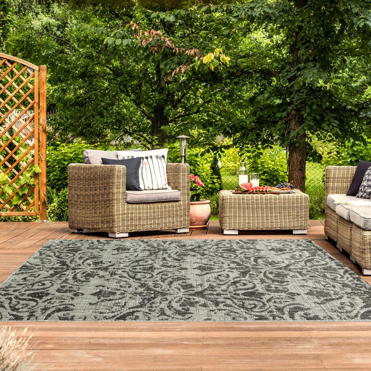 Dark Grey Vintage Floral Flatweave Indoor Outdoor Rug - Graphite / 170 x 120cm – image 1