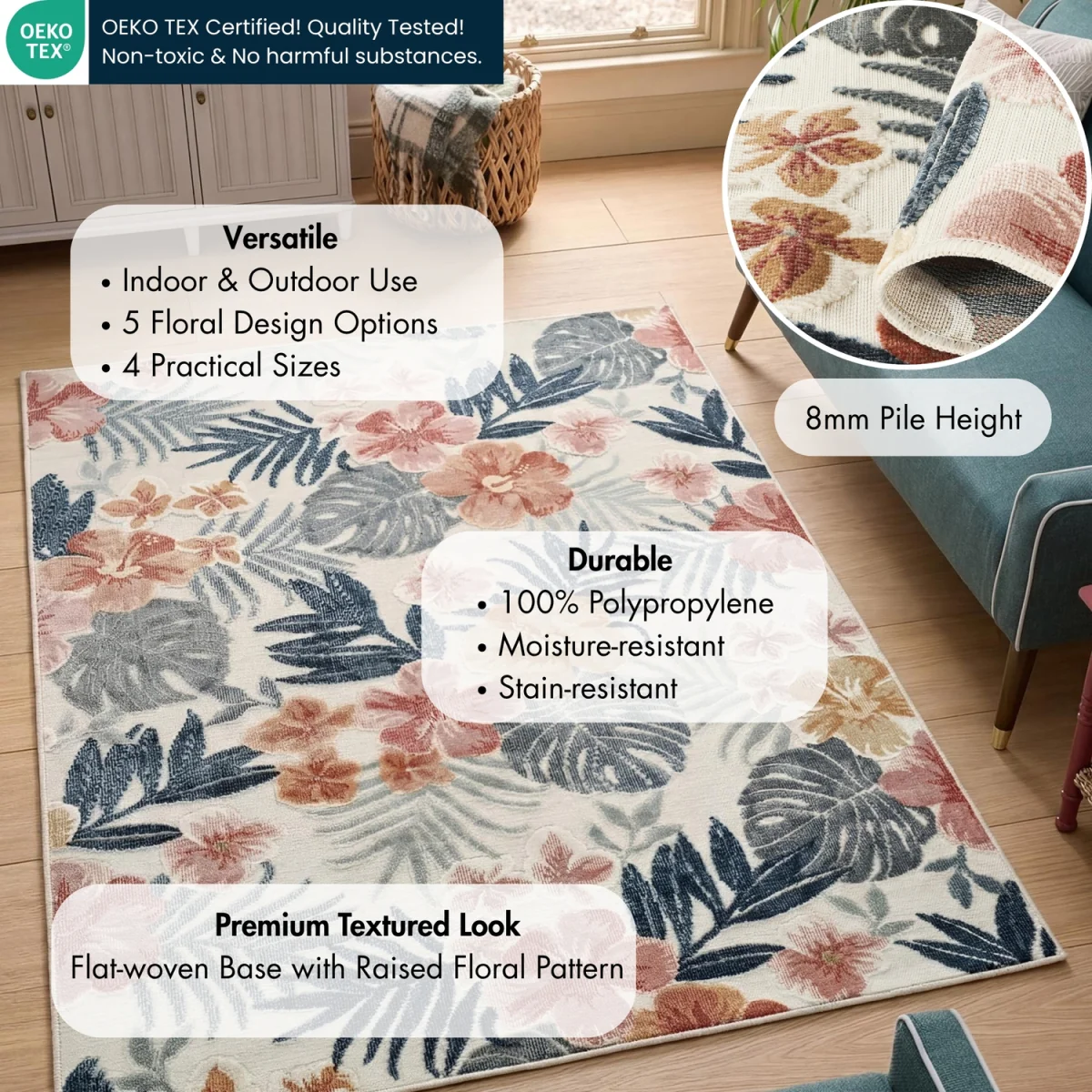 Gardenia Azalea Indoor Outdoor Low Pile Area Rug Floral Design - Cream / 230cm – image 2