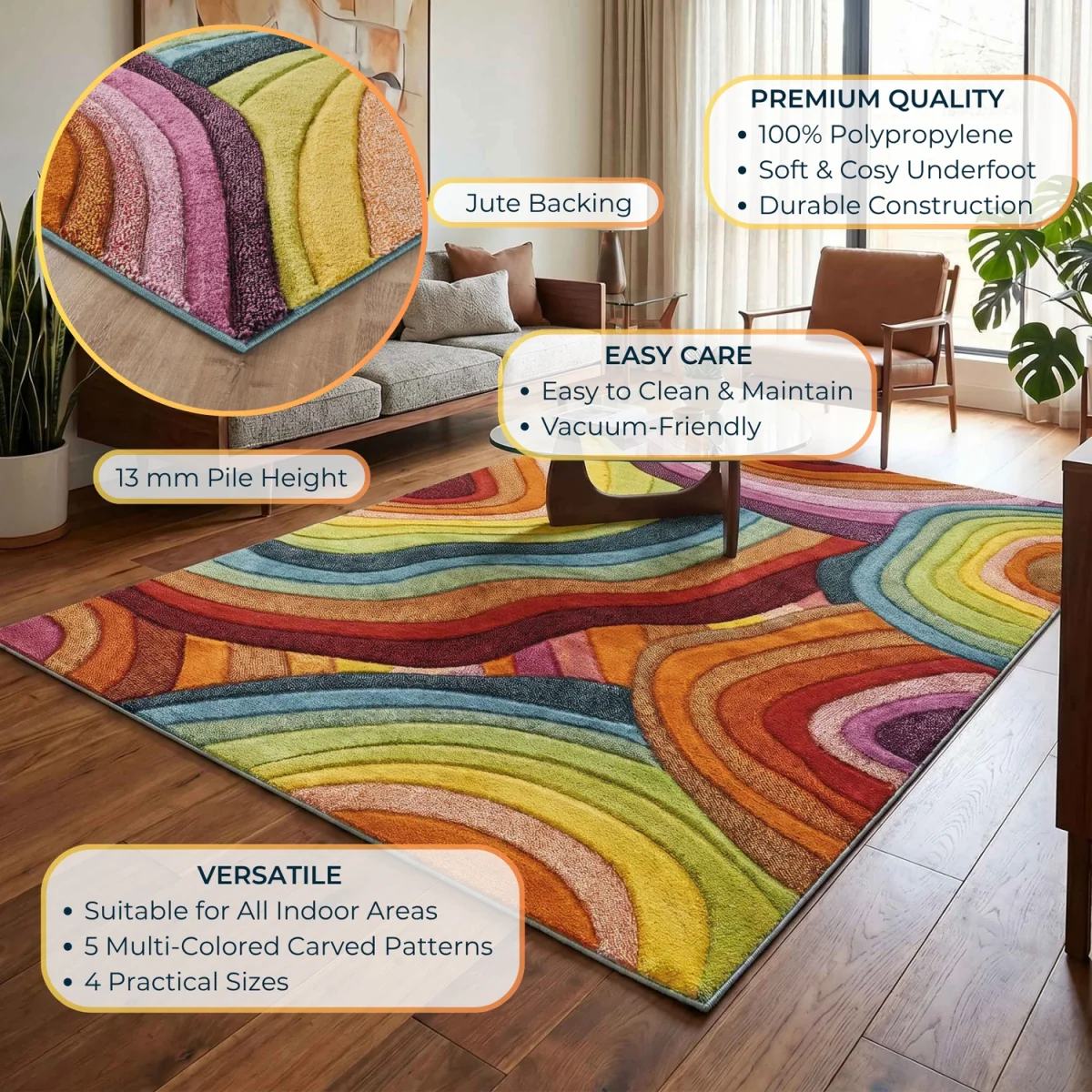 Rainbow Modern Carved Geometric Multi Colour Area Rug - Loop Design - Multi Colour / 170cm – image 5