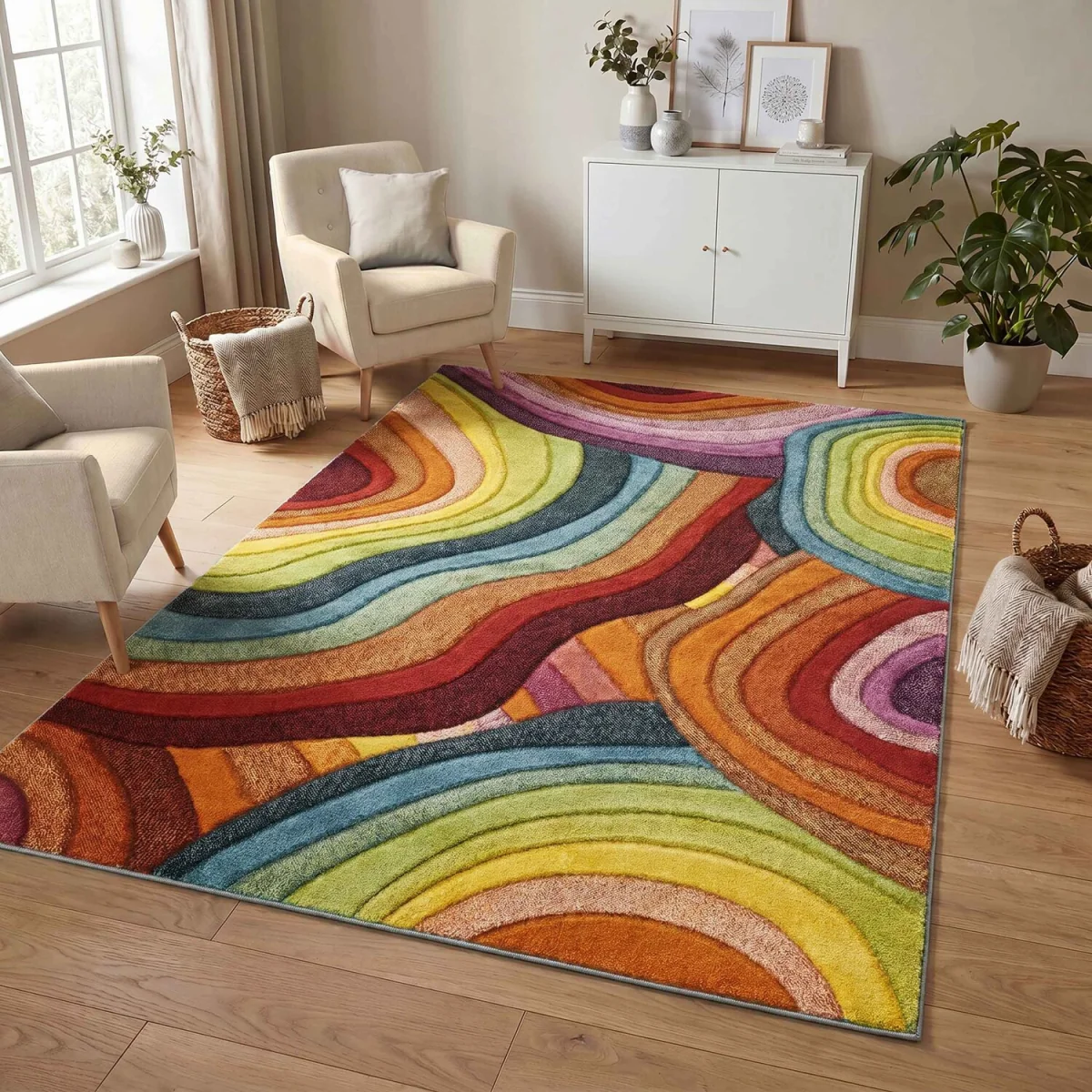Rainbow Modern Carved Geometric Multi Colour Area Rug - Loop Design - Multi Colour / 170cm – image 8