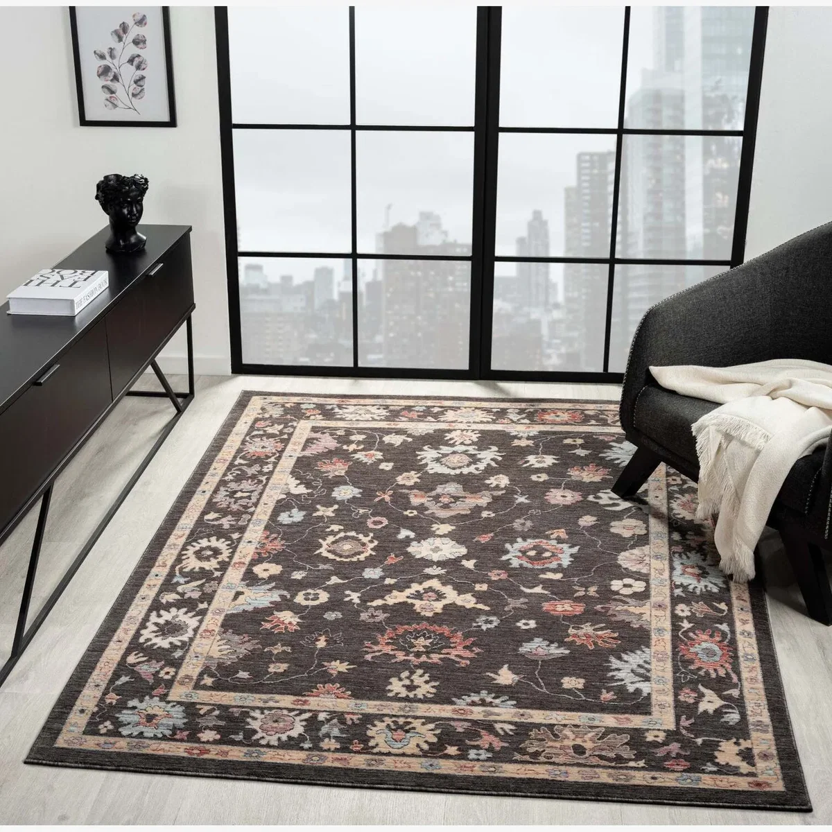 Large Traditional Floral Indoor Rug - Anthracite – image 1