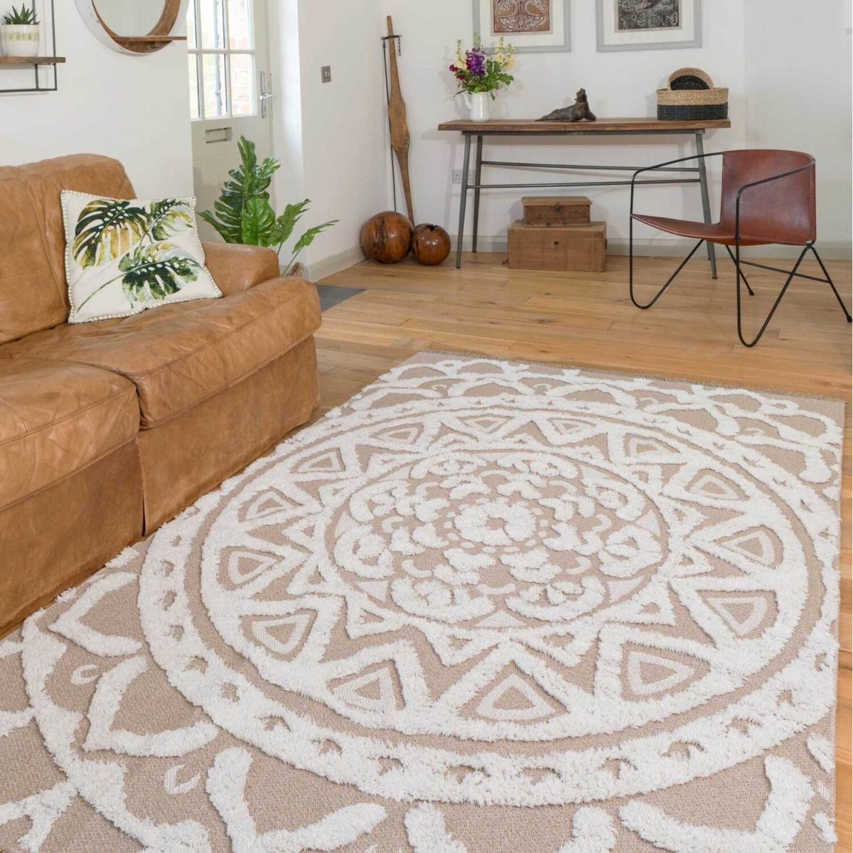 Beige Recycled Cotton 3D Boho Mandala Fringed Area Rug - Beige / 170cm – image 2