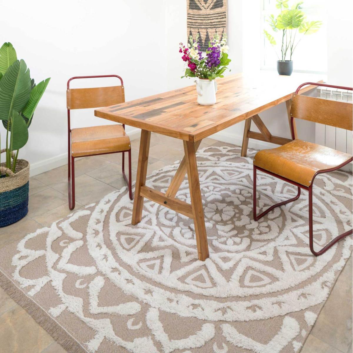 Beige Recycled Cotton 3D Boho Mandala Fringed Area Rug - Beige / 170cm – image 3