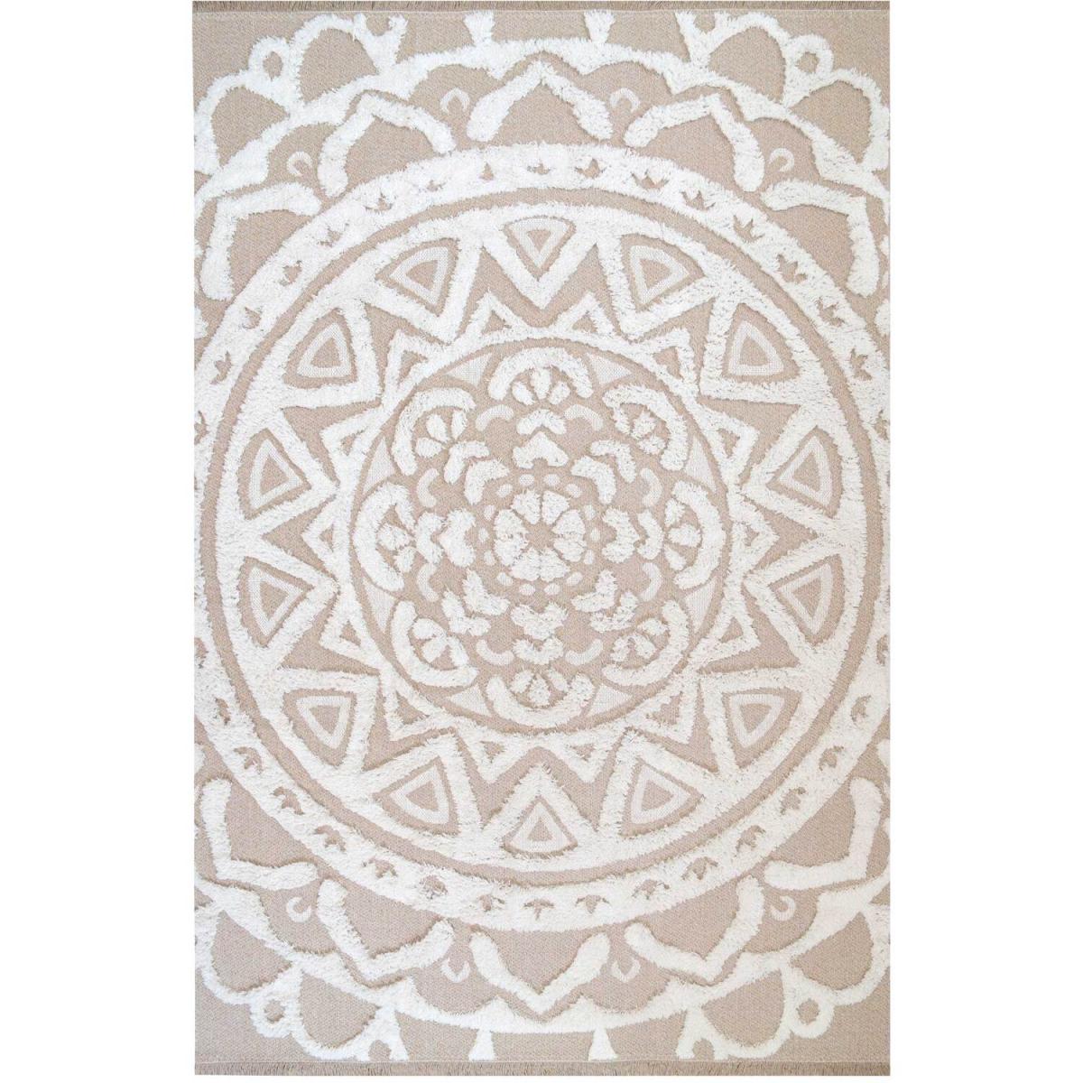 Beige Recycled Cotton 3D Boho Mandala Fringed Area Rug - Beige / 170cm – image 6