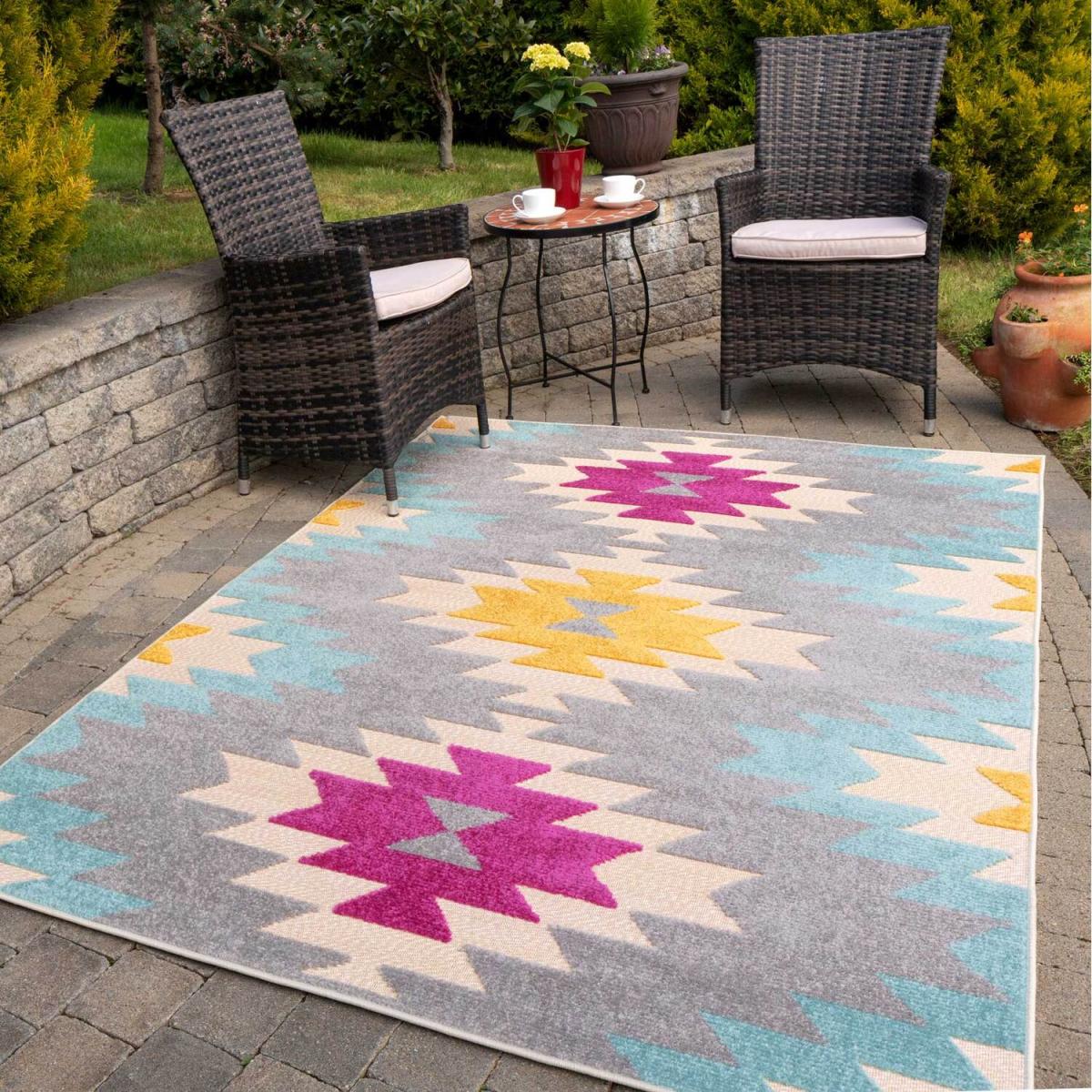 Grey Pink Colourful Textured Aztec Geometric Weatherproof Outdoor Garden Rug - Multicolour / 170 x 120cm – image 2