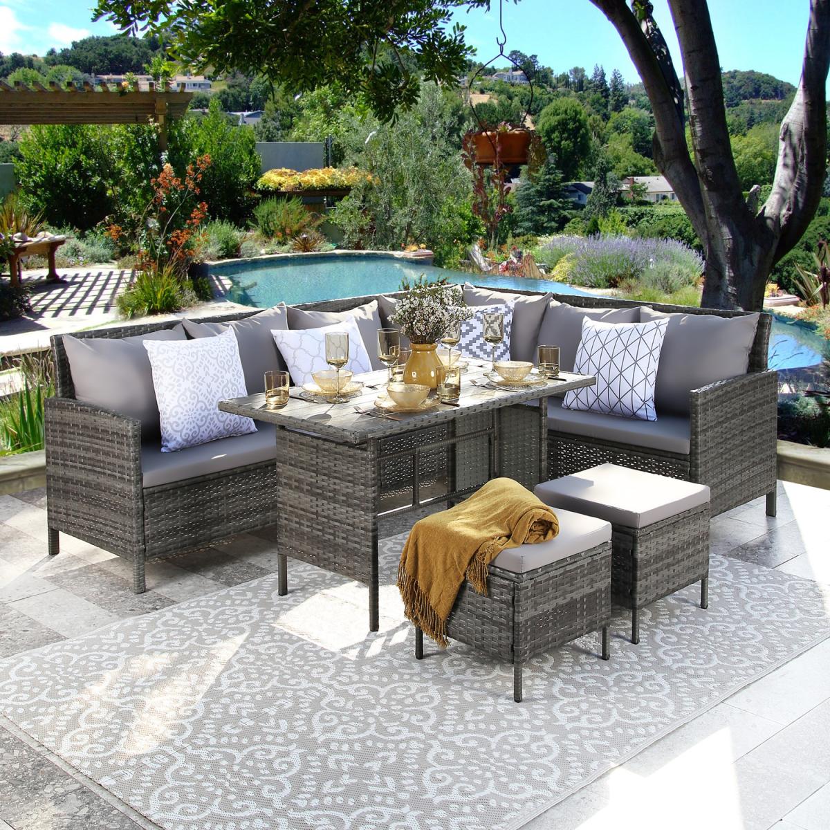 Thalia Outdoor Corner Sofa Set with Weather-proof Rug and Cushions - Grey – image 2