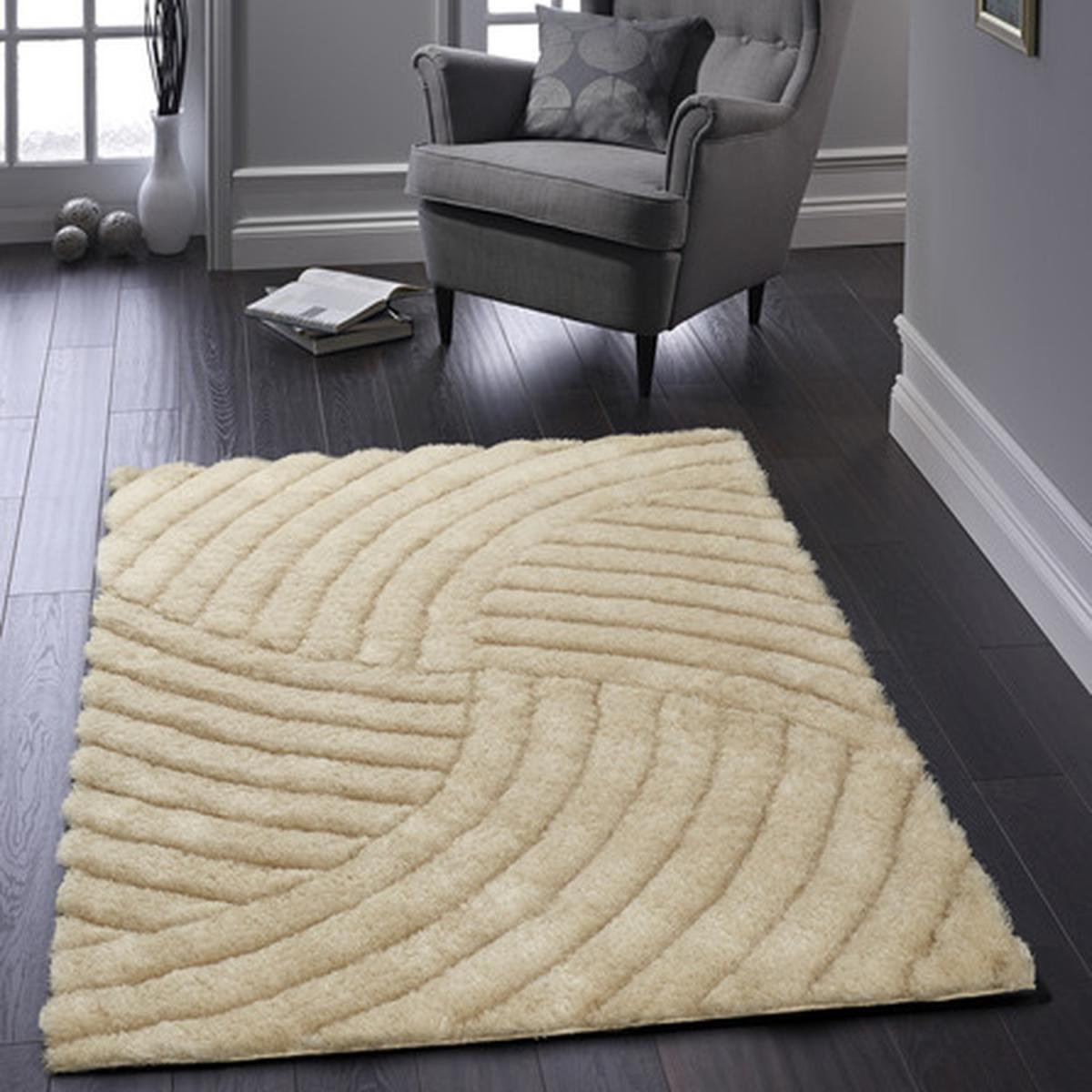 Champagne Carved Swirl Polyester Shaggy Rug - Champagne / 160cm
