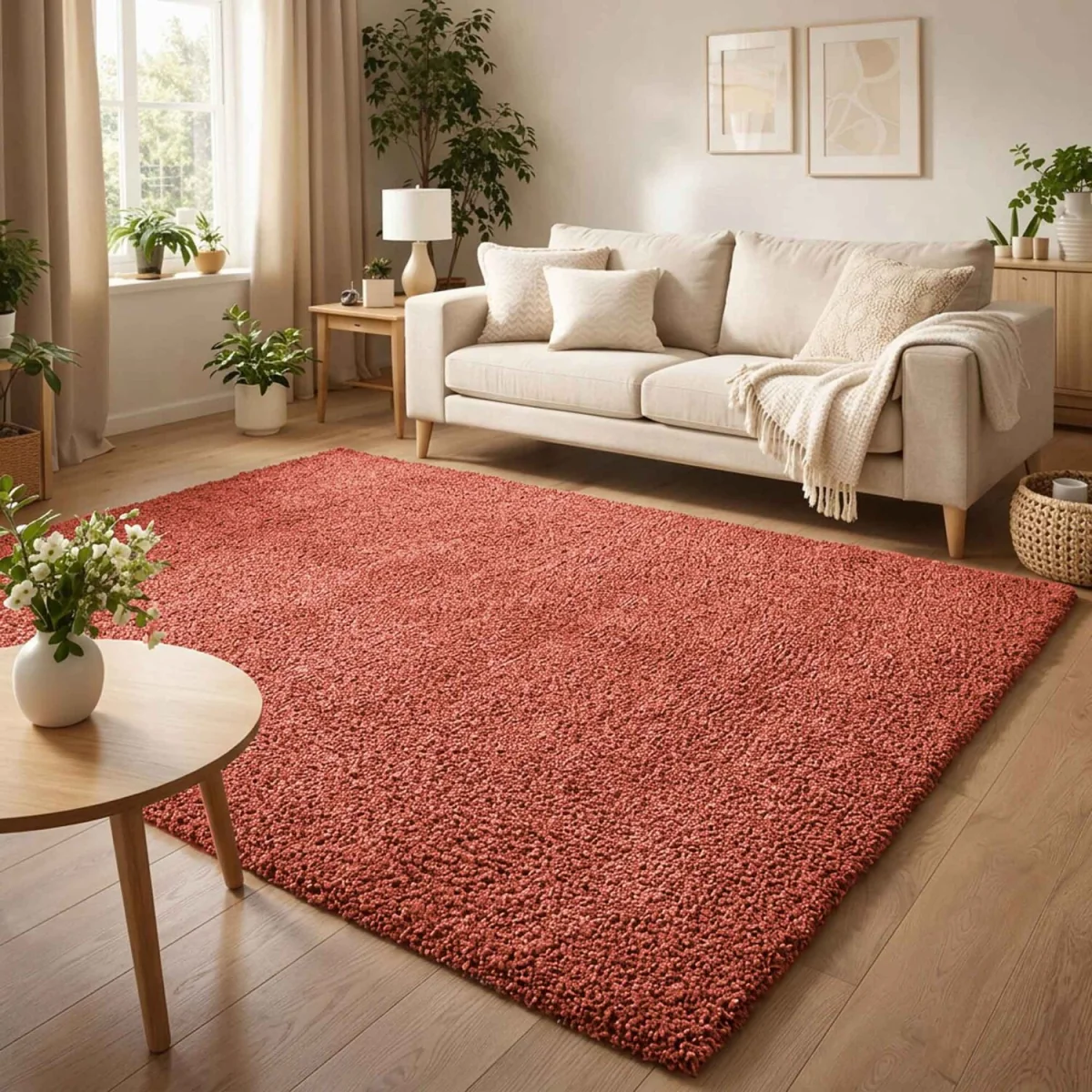 Ainsley Plain Living Room Shaggy Area Rug Modern Soft Pile Polyester Rug - Red / 220cm – image 3