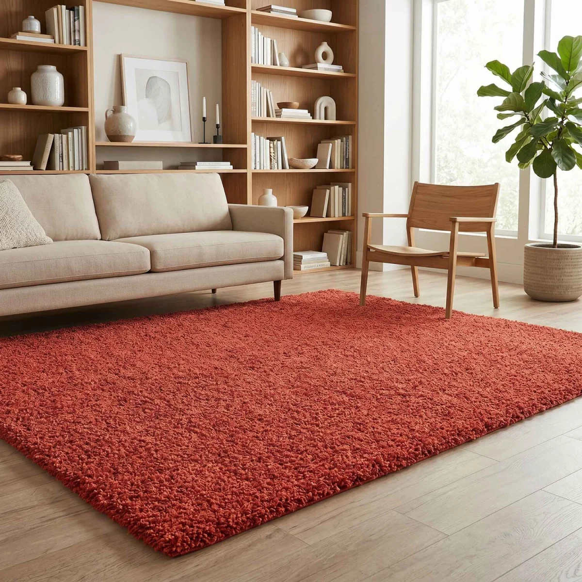 Ainsley Plain Living Room Shaggy Area Rug Modern Soft Pile Polyester Rug - Red / 220cm – image 5